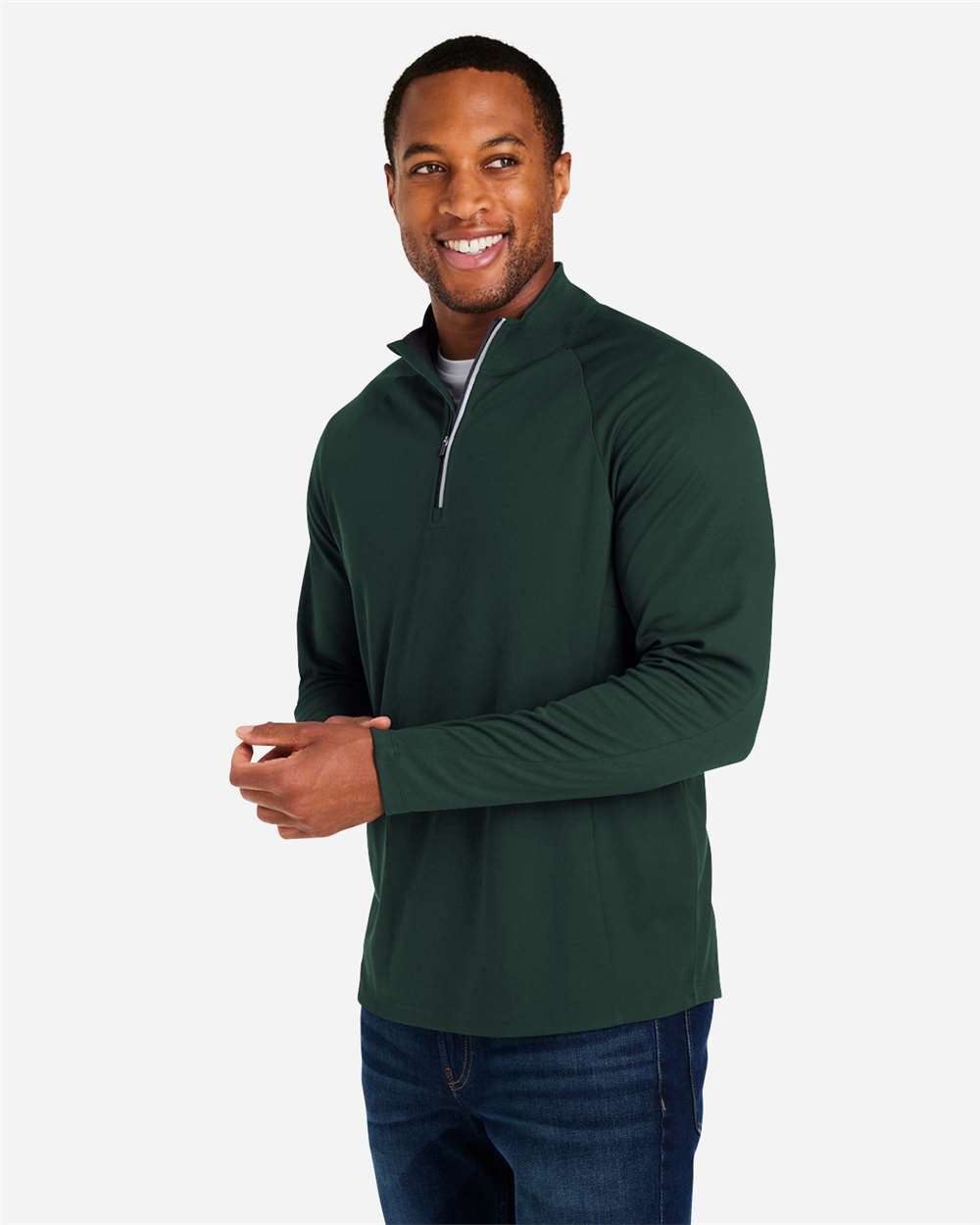 Men's Origin Performance Pique Quarter-Zip Pullover - OnModelSide - B288A7543 - Forest/ Carbon