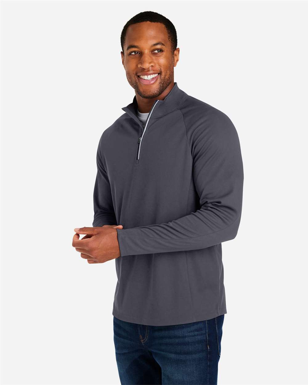 Men's Origin Performance Pique Quarter-Zip Pullover - OnModelSide - B288A7583 - Carbon/ Black