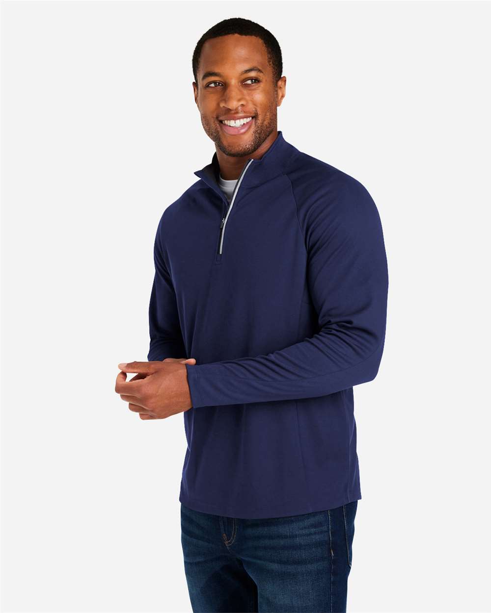Men's Origin Performance Pique Quarter-Zip Pullover - OnModelSide - B288A7653 - Classic Navy Heather/ Carbon
