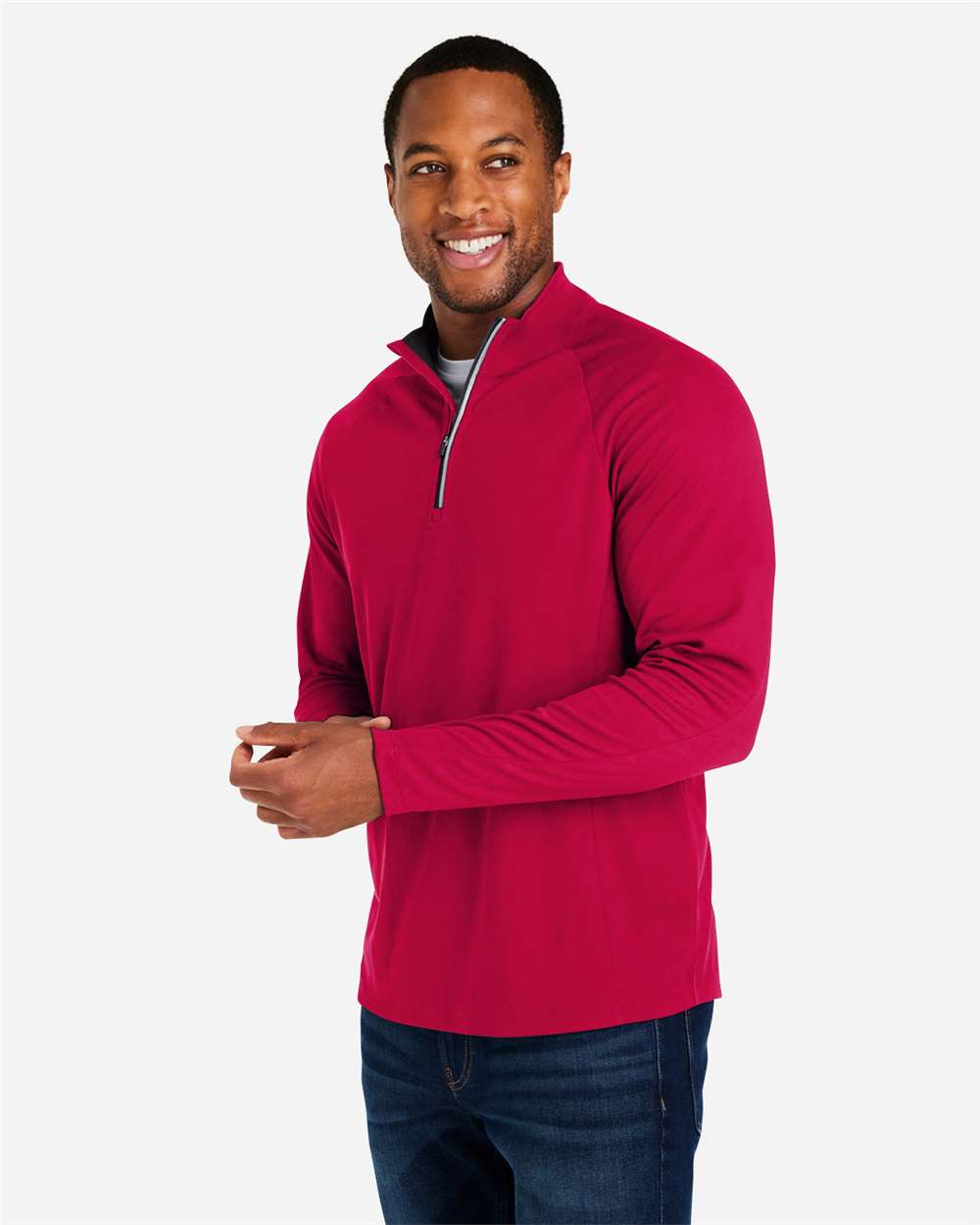 Men's Origin Performance Pique Quarter-Zip Pullover - OnModelSide - B288A7703 - Classic Red/ Carbon