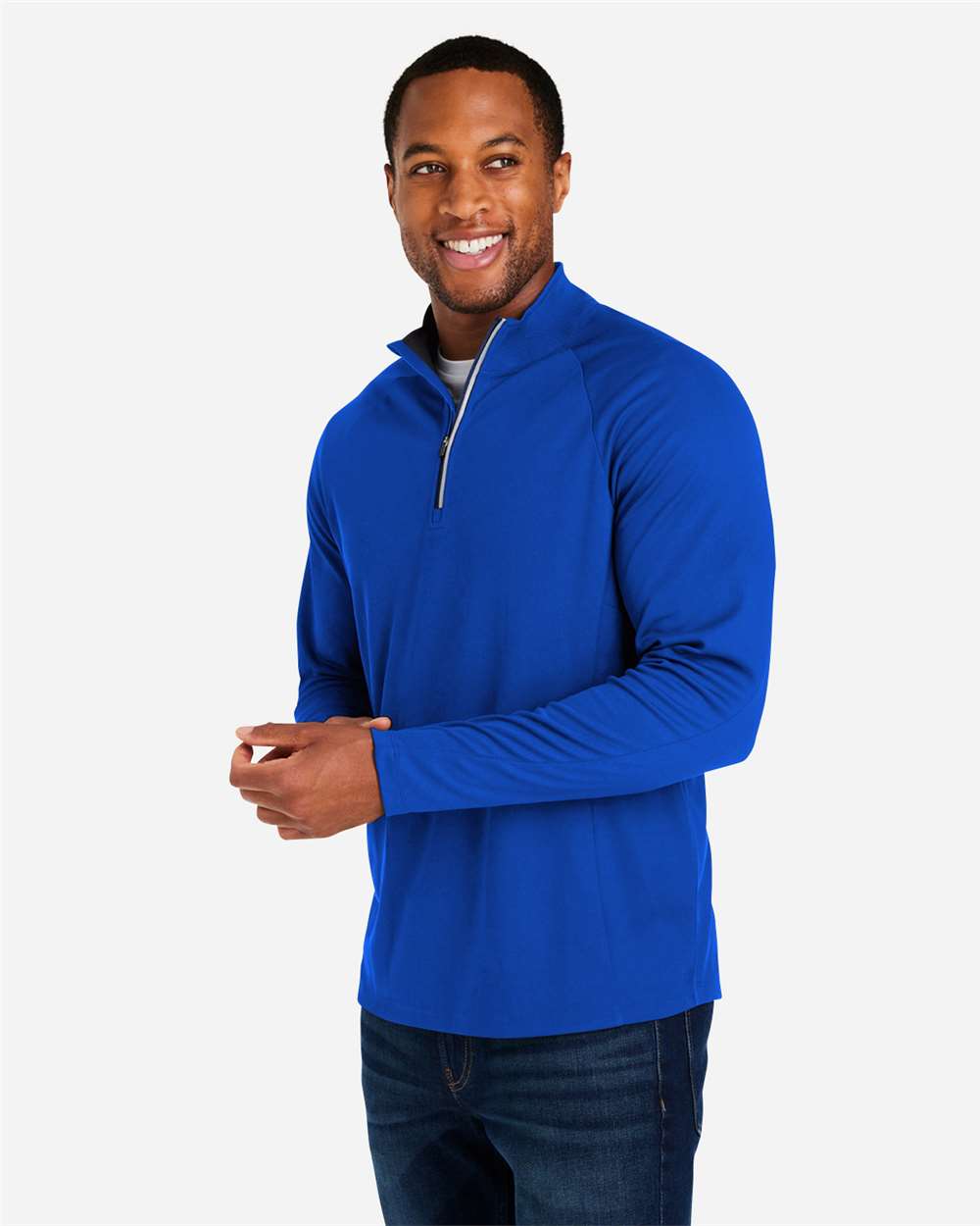 Men's Origin Performance Pique Quarter-Zip Pullover - OnModelSide - B288A7753 - True Royal/ Carbon