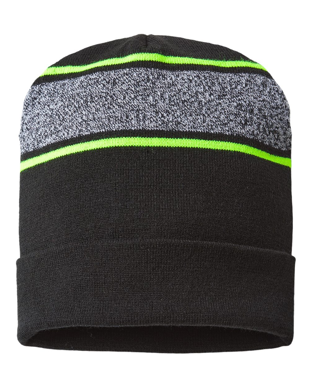 USA-Made Variegated Striped Cuffed Beanie - Front - B91995100 - Black/ Neon Yellow