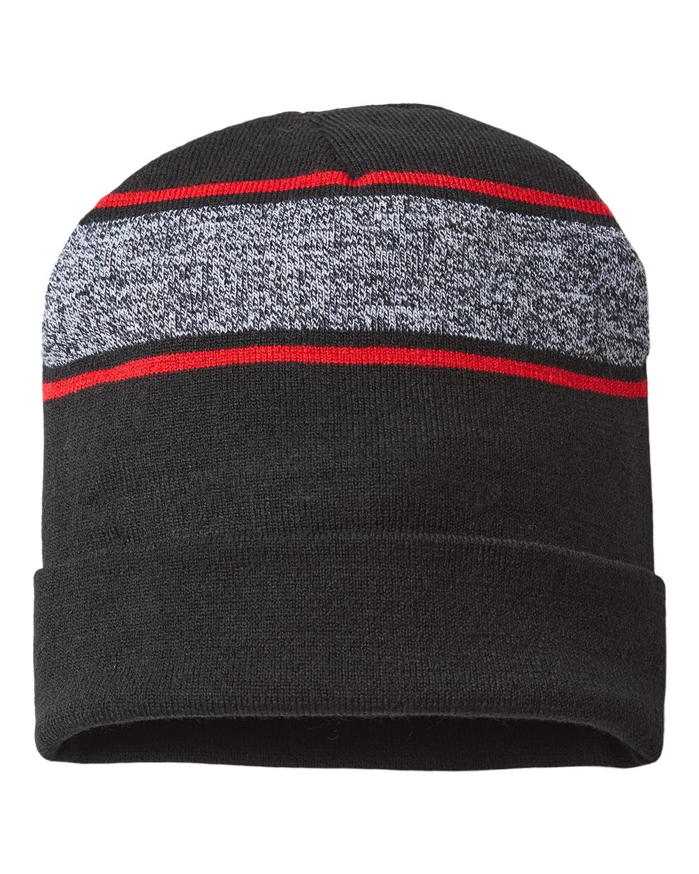 USA-Made Variegated Striped Cuffed Beanie - Front - B91995110 - Black/ True Red