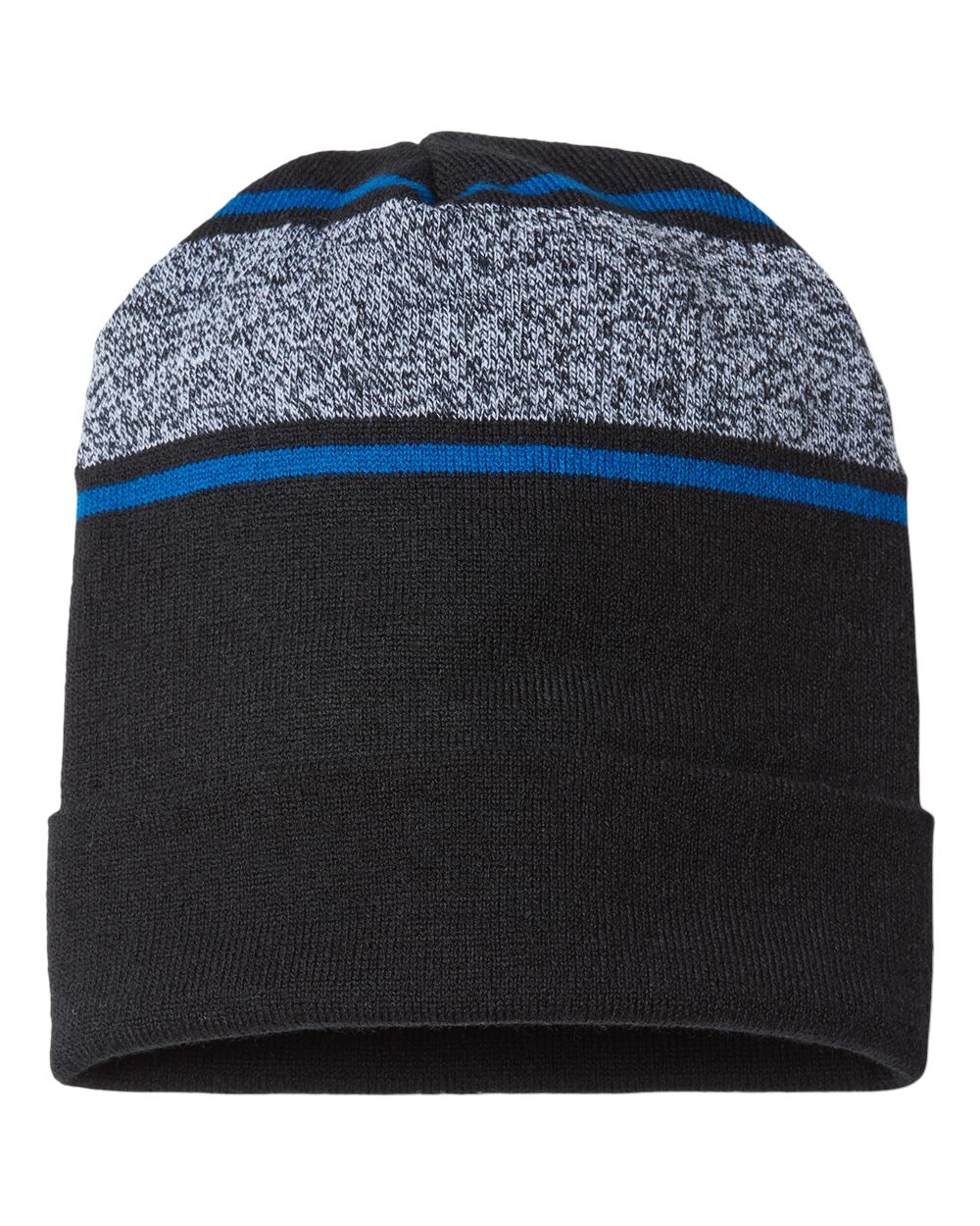 USA-Made Variegated Striped Cuffed Beanie - Front - B91995120 - Black/ True Royal