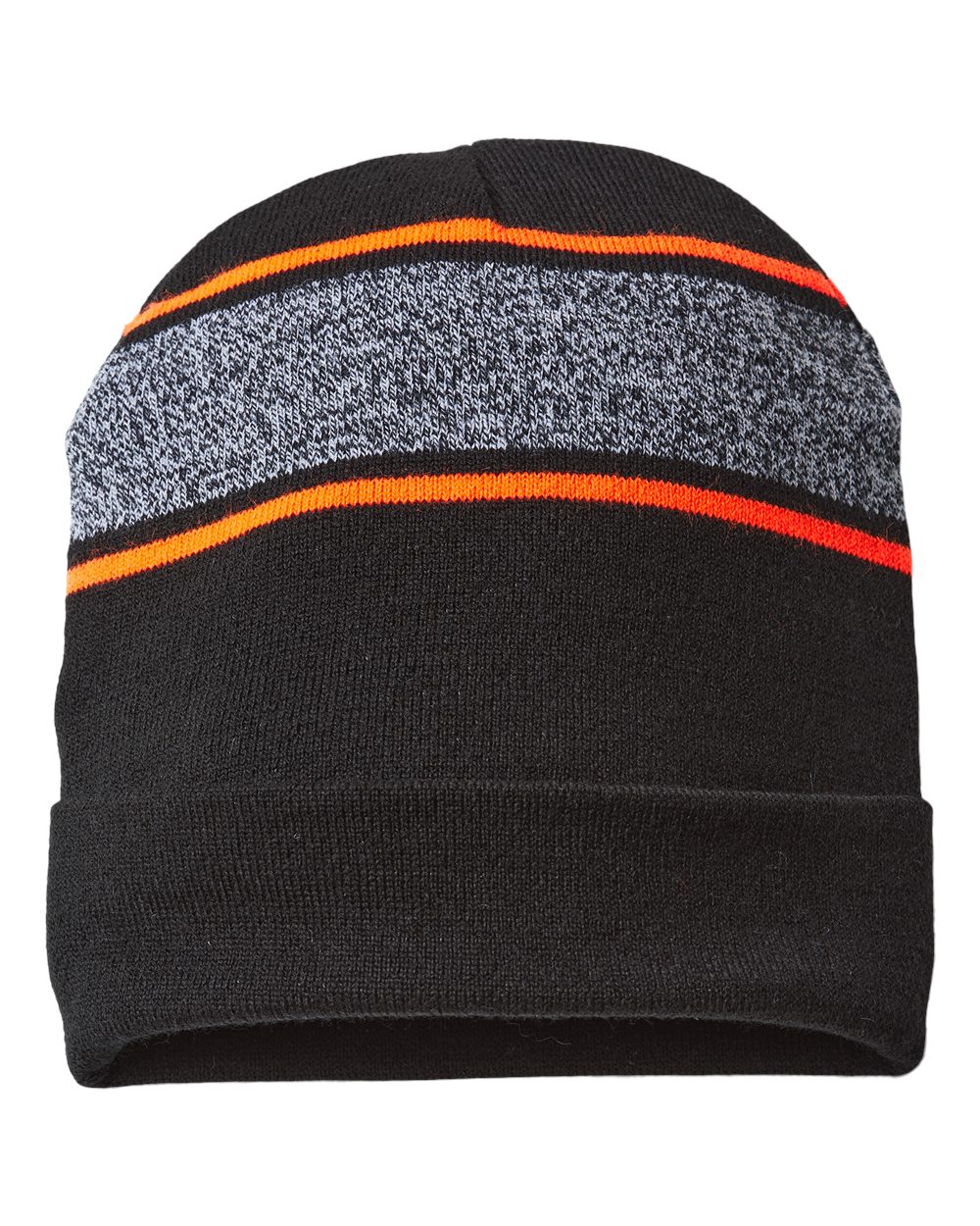 USA-Made Variegated Striped Cuffed Beanie - Front - B91995500 - Black/ Neon Blaze