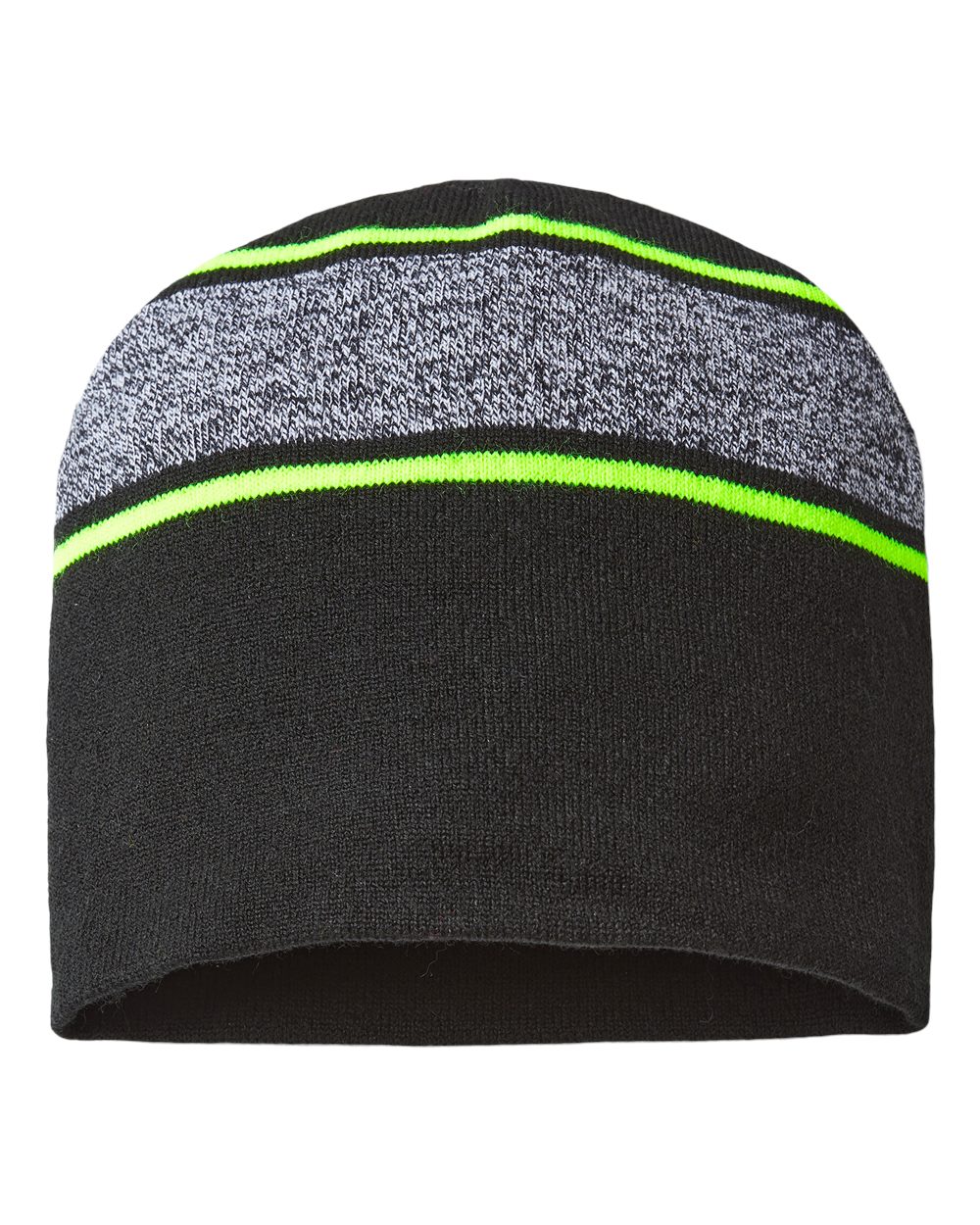 USA-Made Variegated Striped Beanie - Front - B92095500 - Black/ Neon Yellow