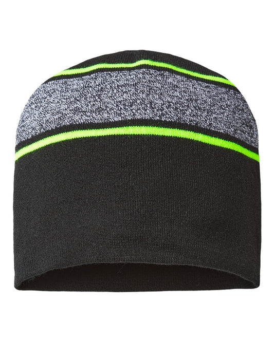 USA-Made Variegated Striped Beanie - Front - B92095500 - Black/ Neon Yellow