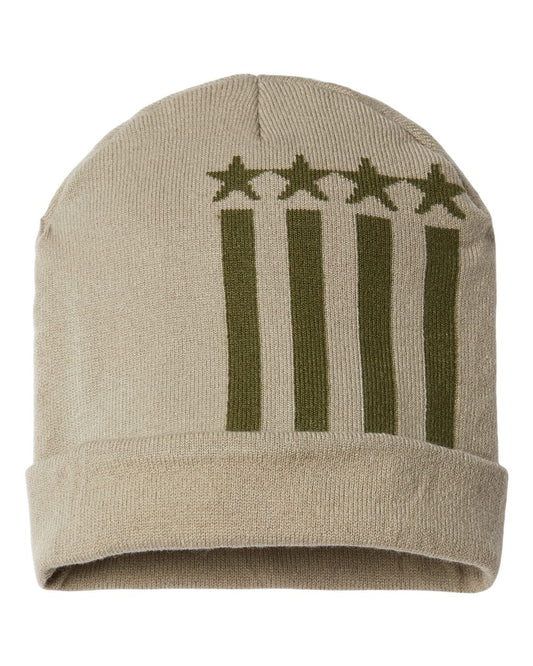 USA-Made Patriotic Cuffed Beanie - Front - B92495240 - Khaki/ Olive Stars
