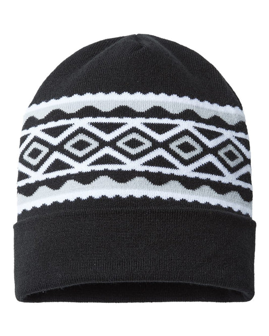 USA- Made Diamond Cuffed Beanie - Front - B03295500 - Black/ Silver