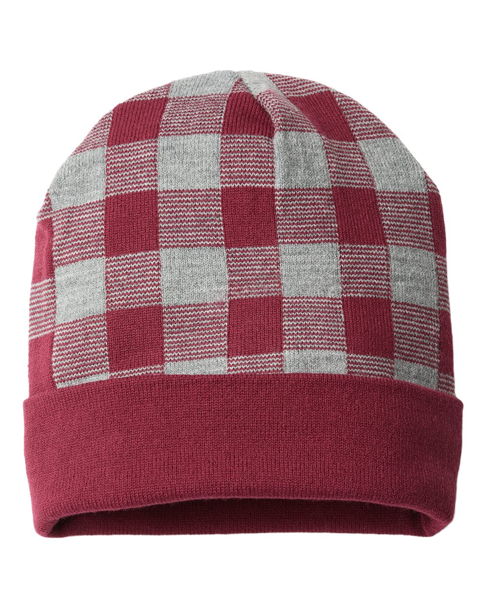 USA-Made Plaid Beanie - Back - B51595530 - Maroon/ Heather