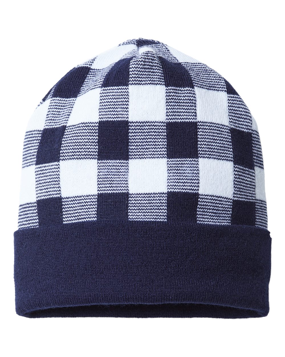 USA-Made Plaid Beanie - Back - B51595750 - Navy/ White