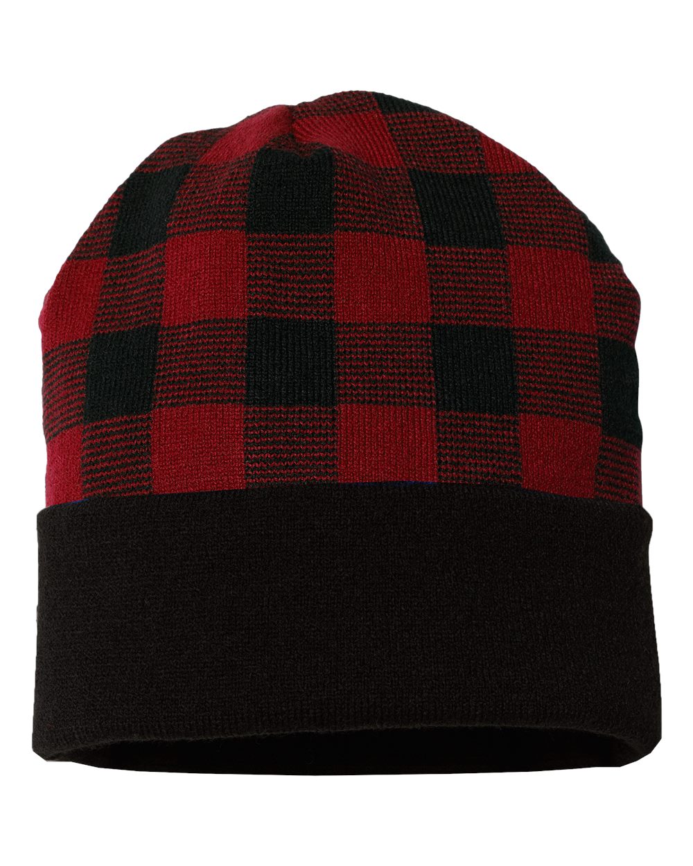 USA-Made Plaid Beanie - Front - B51595100 - Black/ True Red