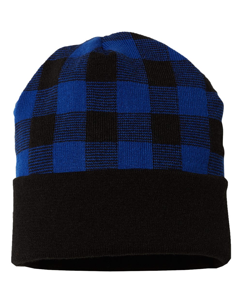 USA-Made Plaid Beanie - Front - B51595110 - Black/ True Royal