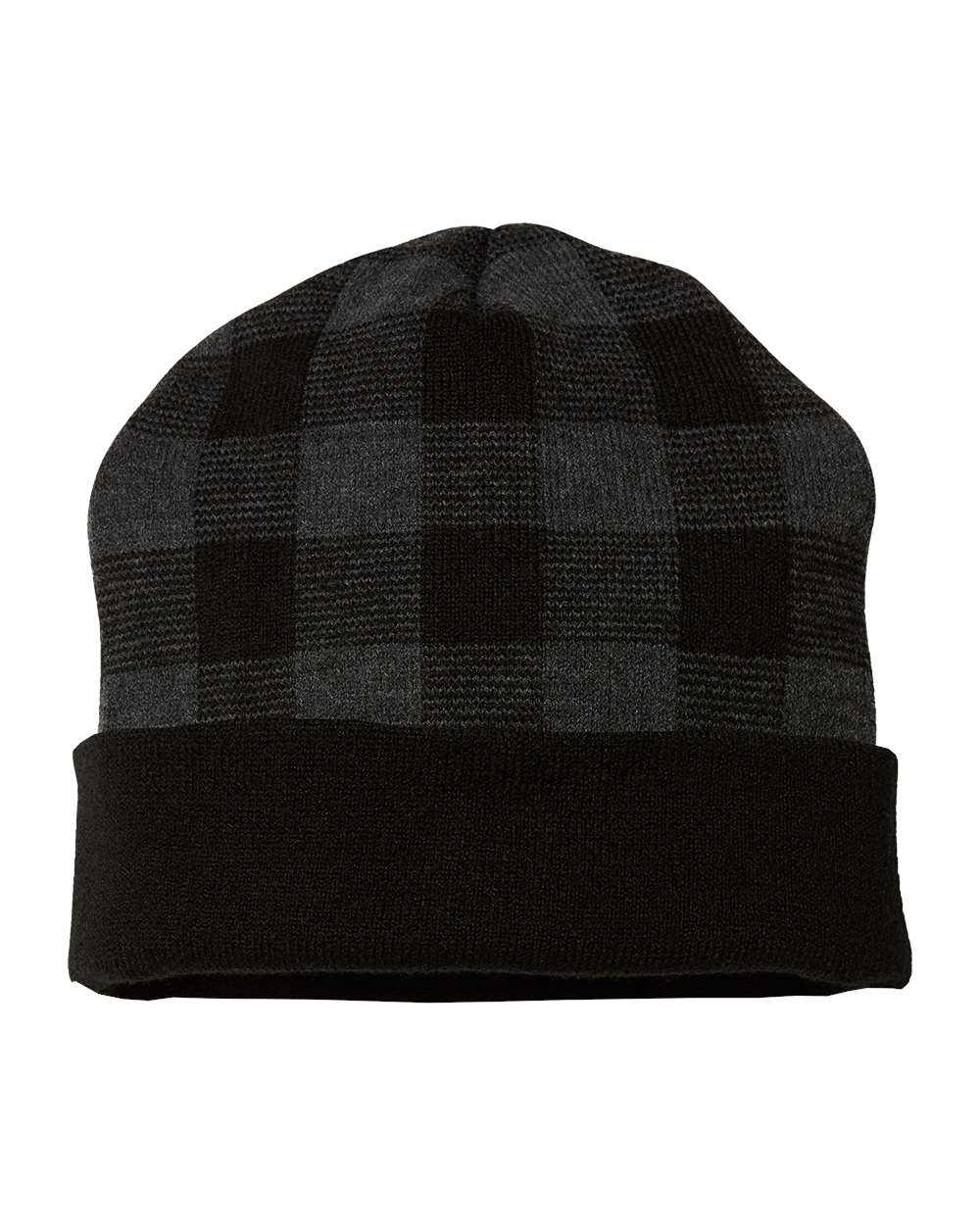 USA-Made Plaid Beanie - Front - B51595500 - Black/ Dark Heather Grey