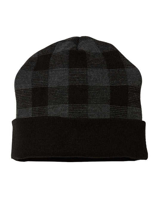 USA-Made Plaid Beanie - Front - B51595500 - Black/ Dark Heather Grey
