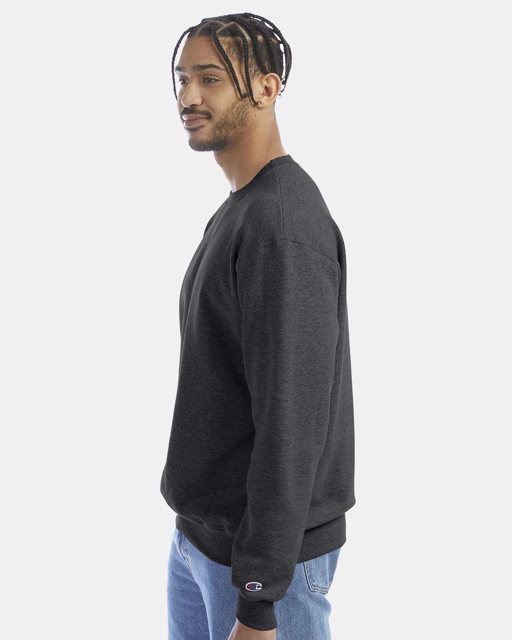 Men's Powerblend® Crewneck Sweatshirt - OnModelSide - B21284093 - Charcoal Heather