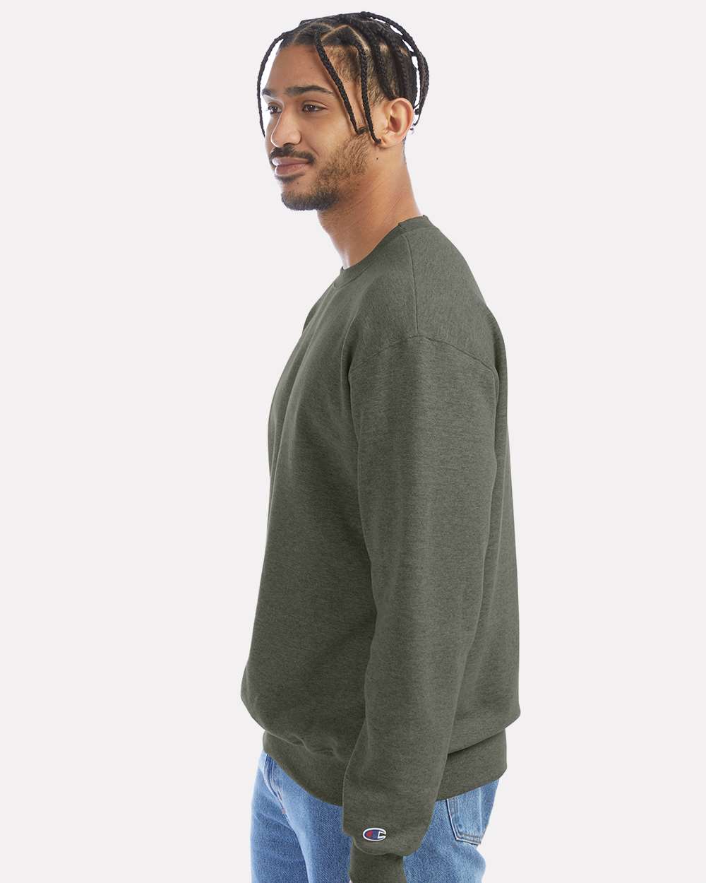 Men's Powerblend® Crewneck Sweatshirt - OnModelSide - B21284203 - Dark Green Heather