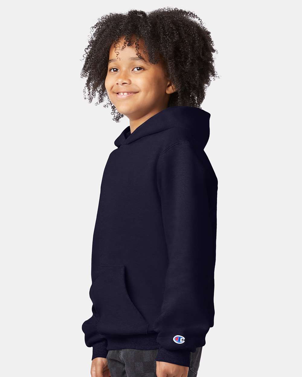 Youth Powerblend® Hooded Sweatshirt - OnModelSide - B32084653 - Navy