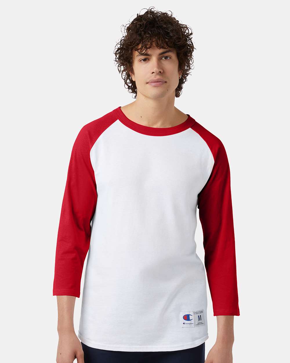 Unisex Raglan Sleeve Baseball T-Shirt - OnModelFront - B04884713 - White/ Scarlet