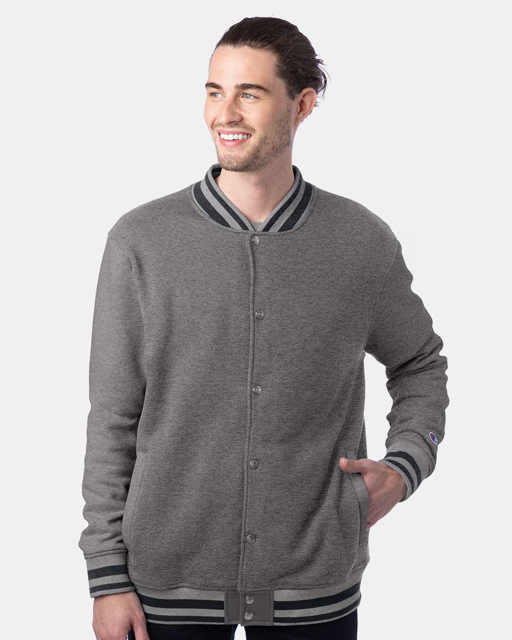 Unisex Bomber Jacket - OnModelFront - B63384586 - Oxford Grey/ Charcoal Heather