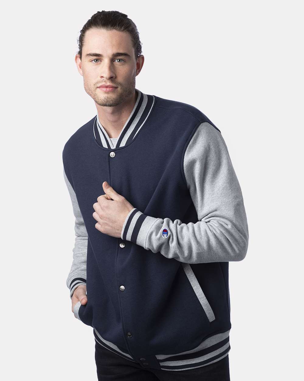 Unisex Bomber Jacket - OnModelFront - B63384658 - Navy/ Oxford Grey