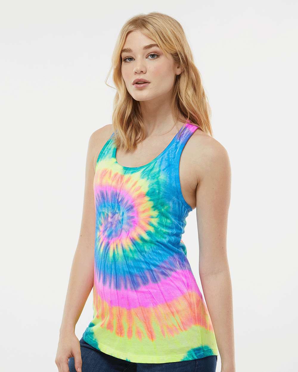 Women's Tie-Dyed Racerback Tank Top - OnModelSide - B11602702 - Neon Rainbow
