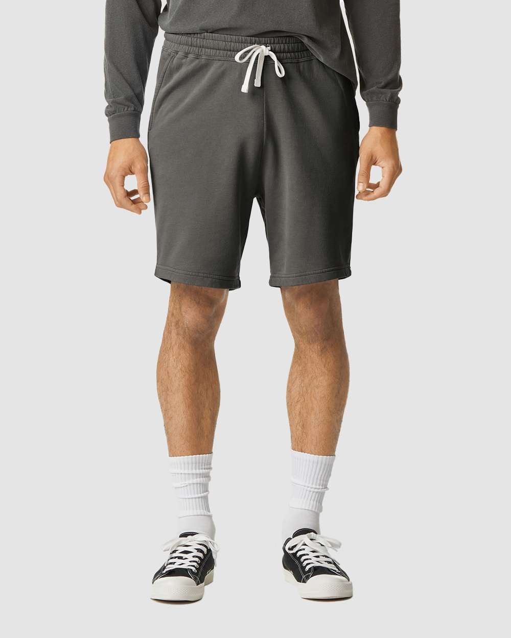 Unisex Garment-Dyed Lightweight Fleece Sweat Shorts - OnModelFront - B01008093 - Pepper