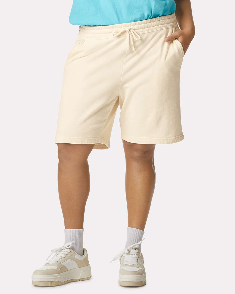 Unisex Garment-Dyed Lightweight Fleece Sweat Shorts - OnModelFront - B01008243 - Ivory