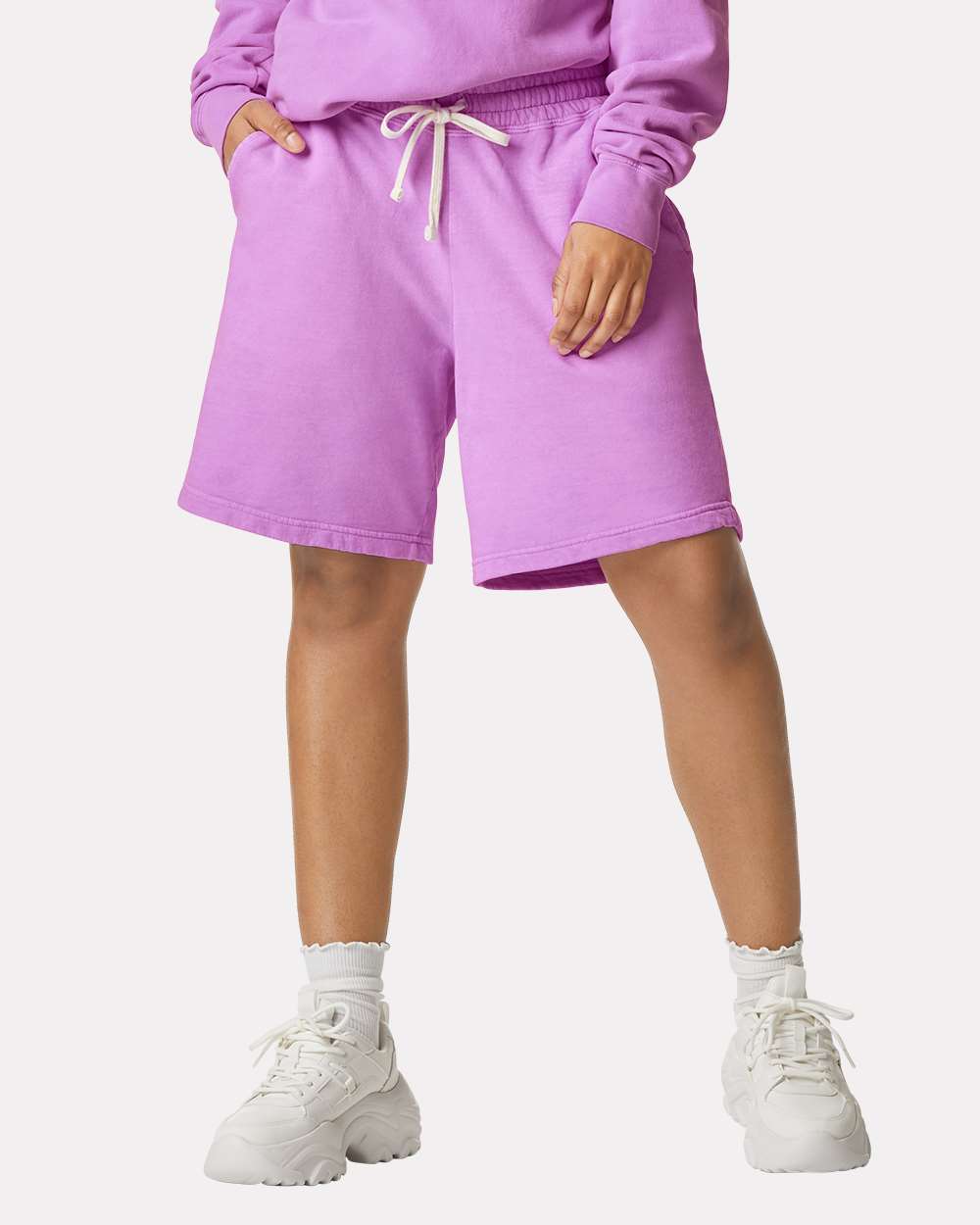 Unisex Garment-Dyed Lightweight Fleece Sweat Shorts - OnModelFront - B01008673 - Neon Violet