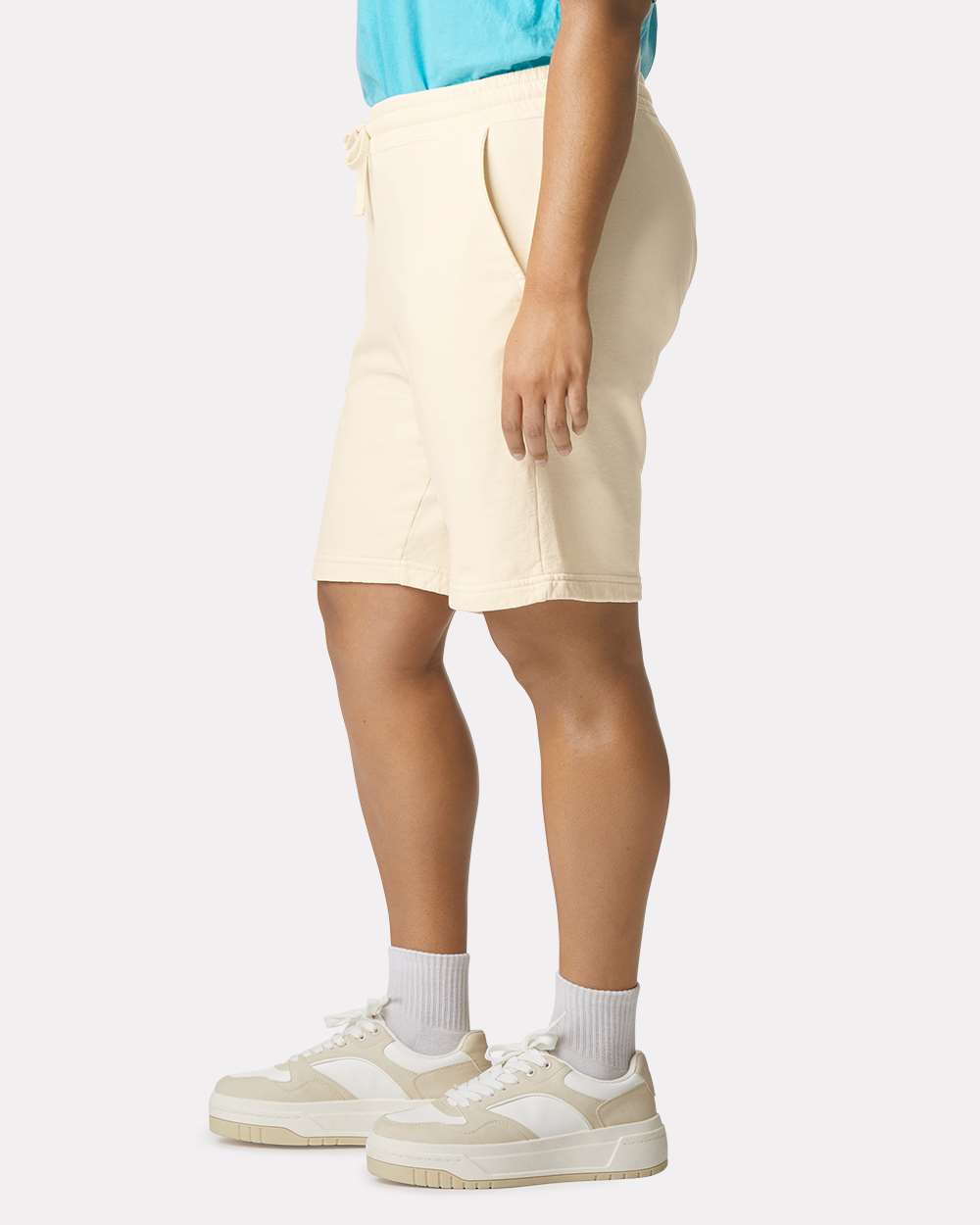 Unisex Garment-Dyed Lightweight Fleece Sweat Shorts - OnModelSide - B01008243 - Ivory