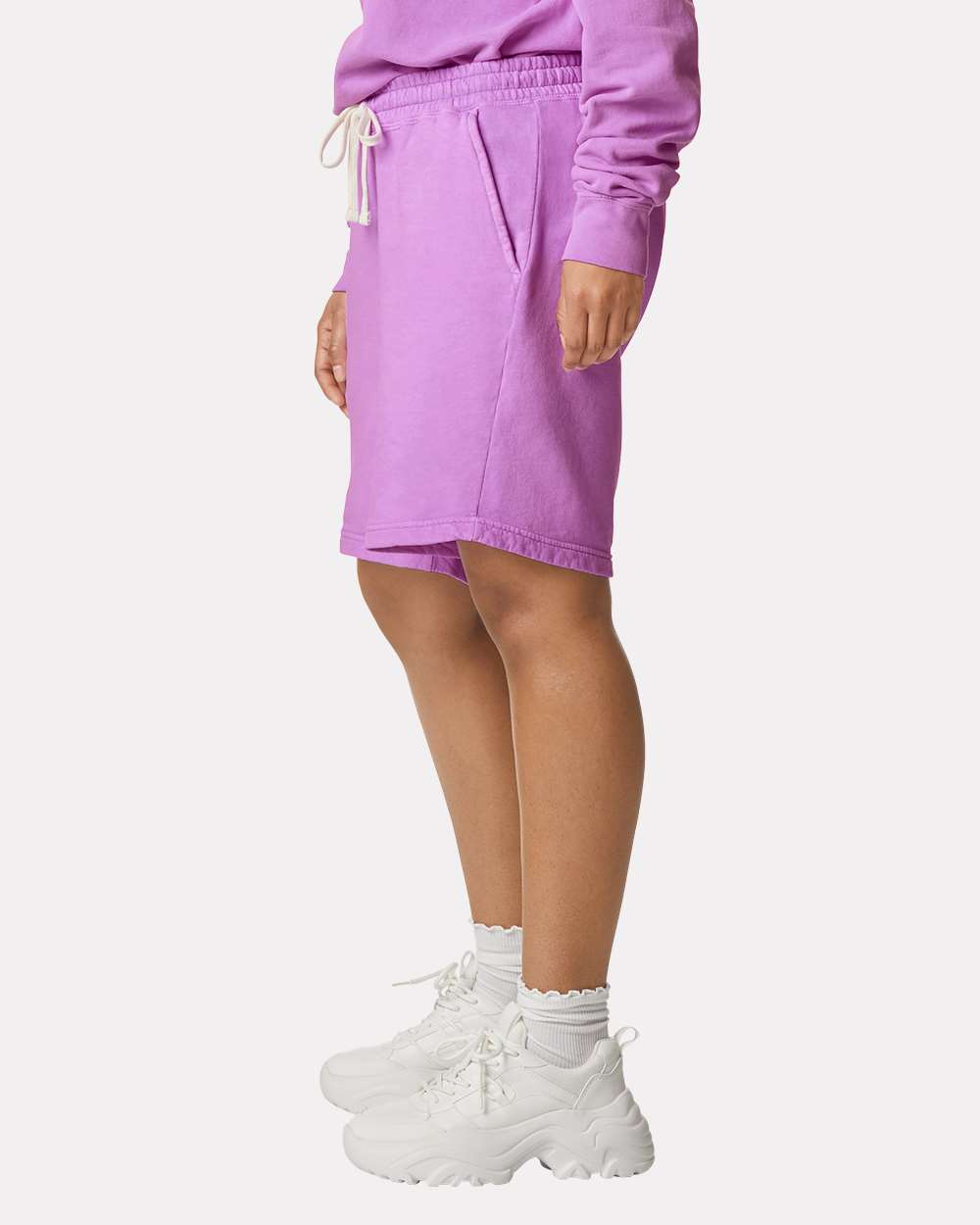 Unisex Garment-Dyed Lightweight Fleece Sweat Shorts - OnModelSide - B01008673 - Neon Violet