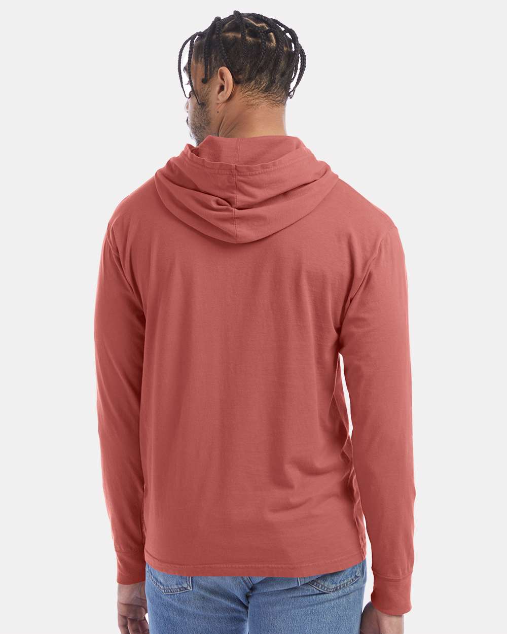 Unisex Garment-Dyed Jersey Hooded Long Sleeve T-Shirt - OnModelBack - B04700713 - Nantucket Red