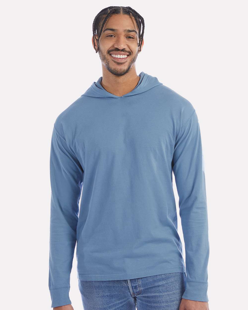 Unisex Garment-Dyed Jersey Hooded Long Sleeve T-Shirt - OnModelFront - B04700253 - Saltwater