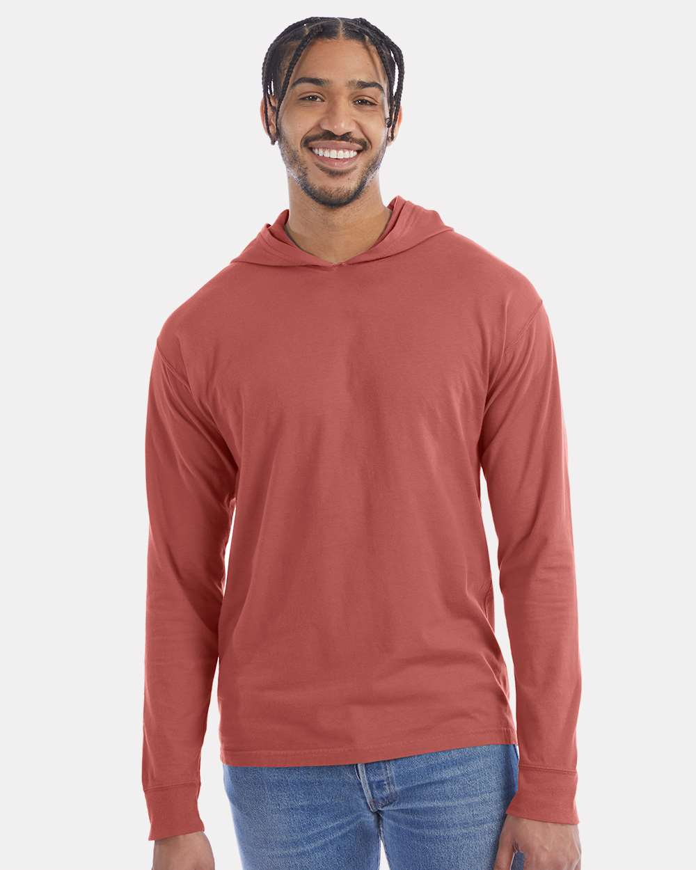Unisex Garment-Dyed Jersey Hooded Long Sleeve T-Shirt - OnModelFront - B04700713 - Nantucket Red
