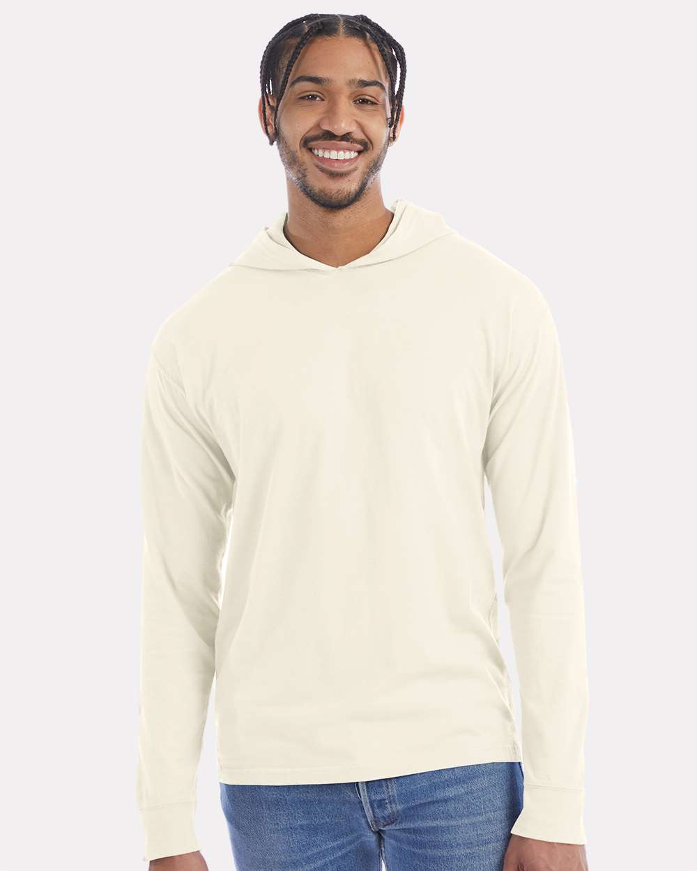 Unisex Garment-Dyed Jersey Hooded Long Sleeve T-Shirt - OnModelFront - B04700763 - Parchment