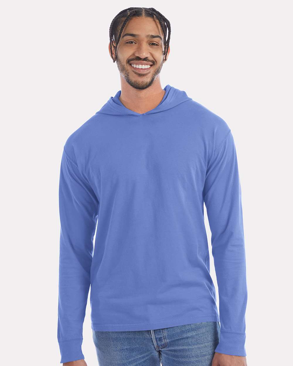 Unisex Garment-Dyed Jersey Hooded Long Sleeve T-Shirt - OnModelFront - B04700813 - Deep Forte Blue