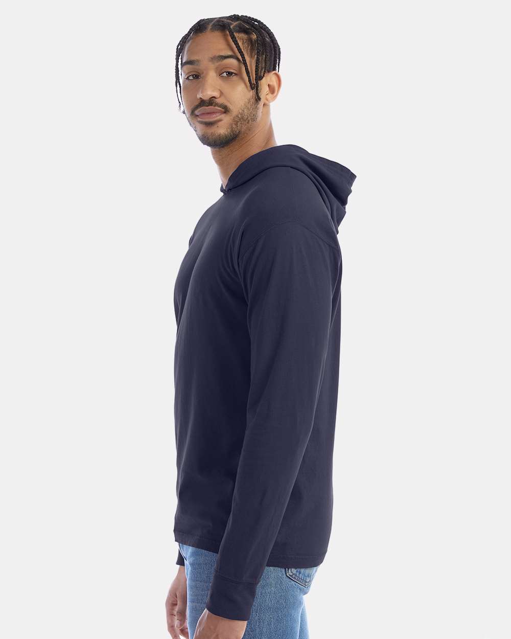 Unisex Garment-Dyed Jersey Hooded Long Sleeve T-Shirt - OnModelSide - B04700683 - Anchor Slate