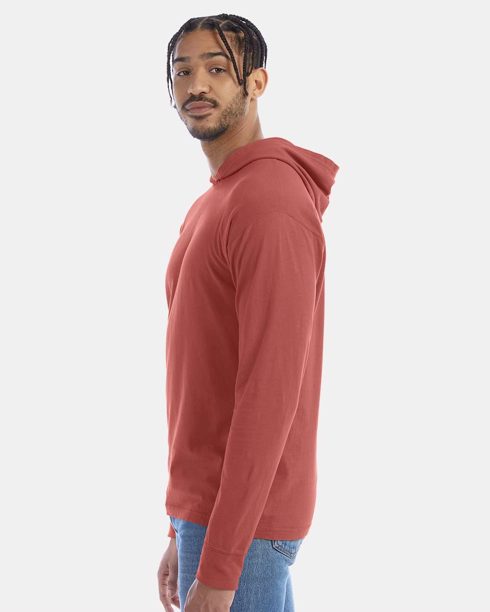 Unisex Garment-Dyed Jersey Hooded Long Sleeve T-Shirt - OnModelSide - B04700713 - Nantucket Red