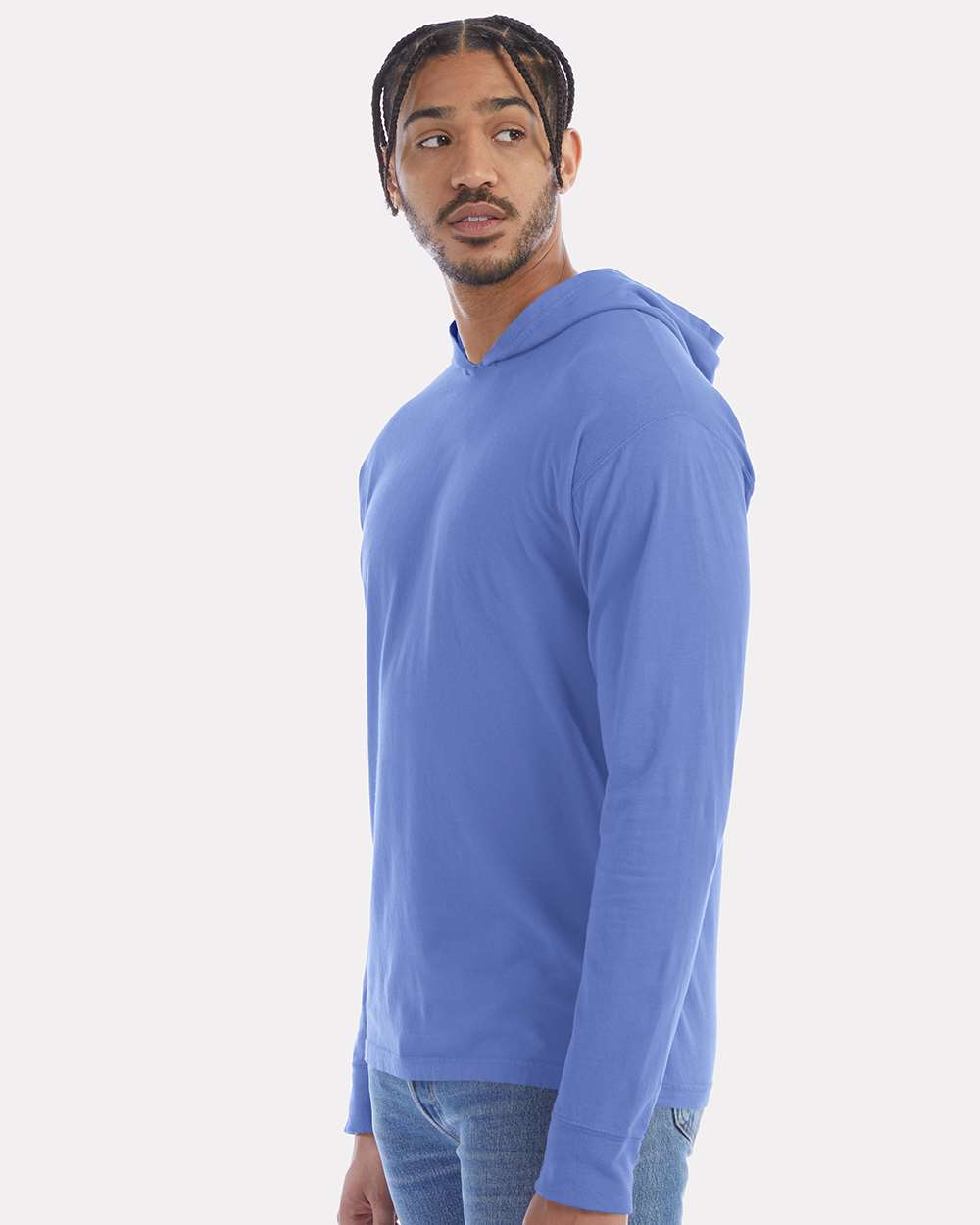 Unisex Garment-Dyed Jersey Hooded Long Sleeve T-Shirt - OnModelSide - B04700813 - Deep Forte Blue