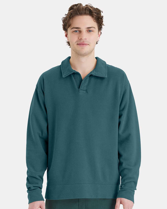 Unisex Garment-Dyed Polo Collar Sweatshirt - OnModelFront - B11300173 - Cactus