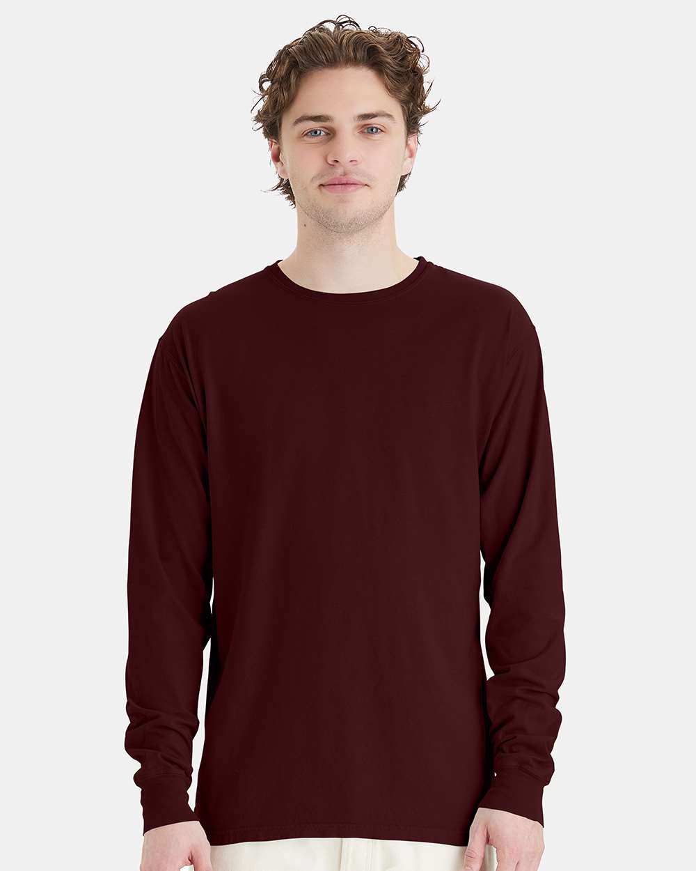 Unisex Garment-Dyed Long Sleeve T-Shirt - OnModelFront - B35300533 - Maroon