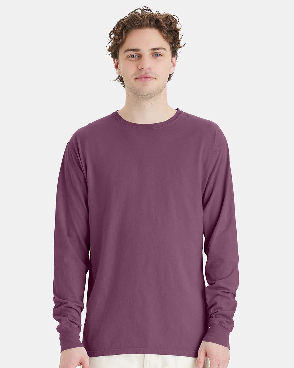 Unisex Garment-Dyed Long Sleeve T-Shirt - OnModelFront - B35300678 - Purple Plum Raisin