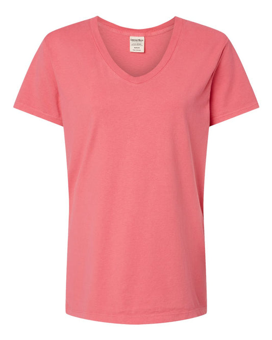 Women's Garment-Dyed V-Neck T-Shirt - Front - B37000273 - Coral Craze
