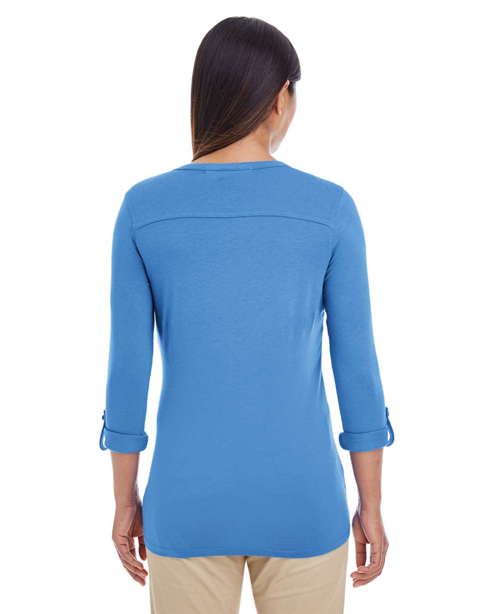 Women's Perfect Fit™ Y-Placket Convertible Sleeve Knit Top - OnModelBack - B723B2252 - French Blue
