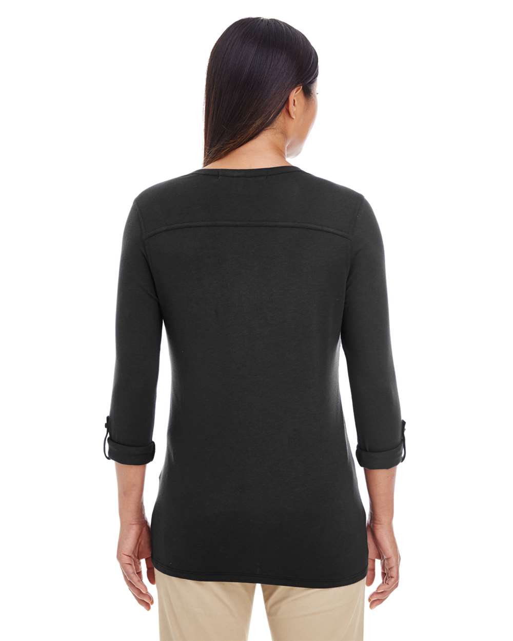 Women's Perfect Fit™ Y-Placket Convertible Sleeve Knit Top - OnModelBack - B723B2502 - Black