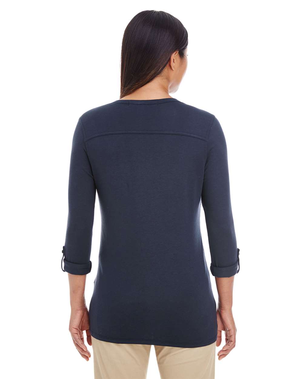 Women's Perfect Fit™ Y-Placket Convertible Sleeve Knit Top - OnModelBack - B723B2652 - Navy