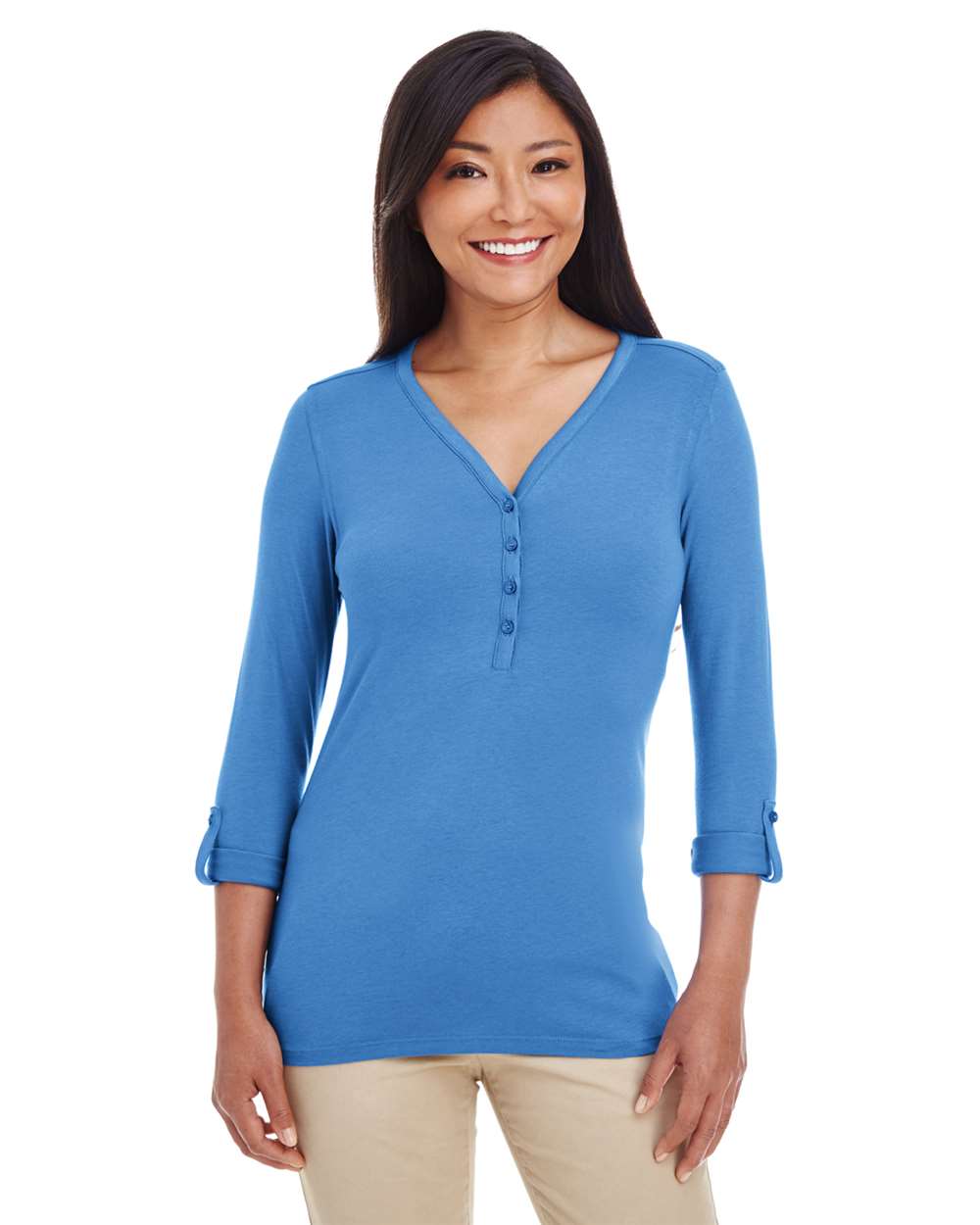 Women's Perfect Fit™ Y-Placket Convertible Sleeve Knit Top - OnModelFront - B723B2252 - French Blue