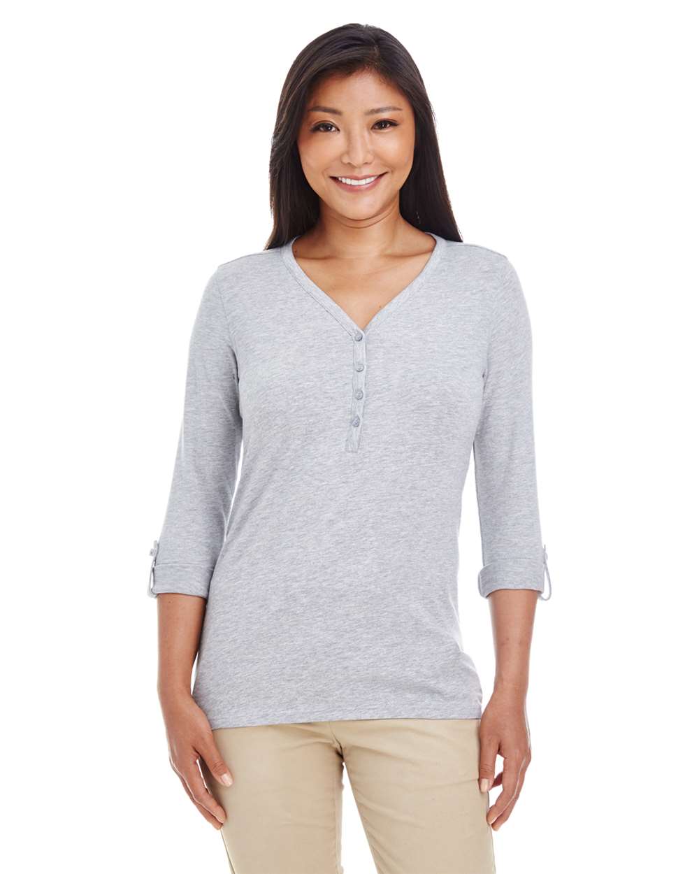 Women's Perfect Fit™ Y-Placket Convertible Sleeve Knit Top - OnModelFront - B723B2352 - Grey Heather