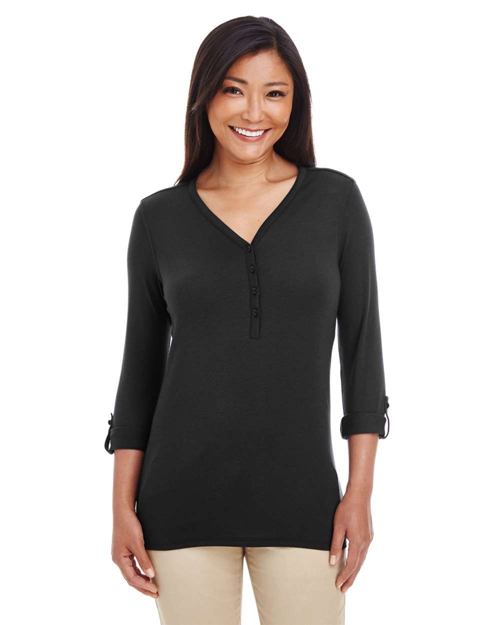 Women's Perfect Fit™ Y-Placket Convertible Sleeve Knit Top - OnModelFront - B723B2502 - Black