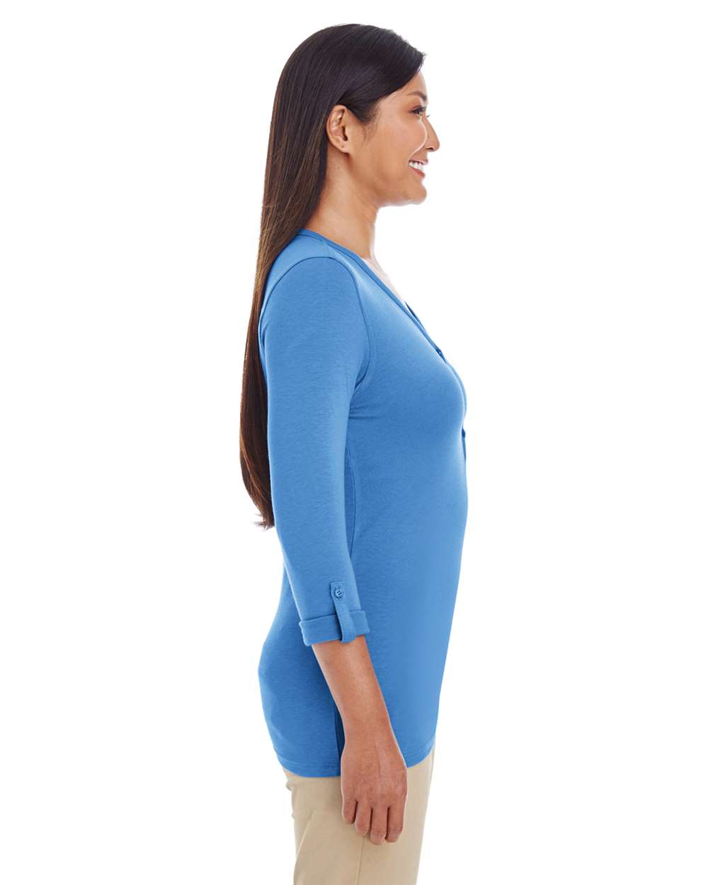 Women's Perfect Fit™ Y-Placket Convertible Sleeve Knit Top - OnModelSide - B723B2252 - French Blue